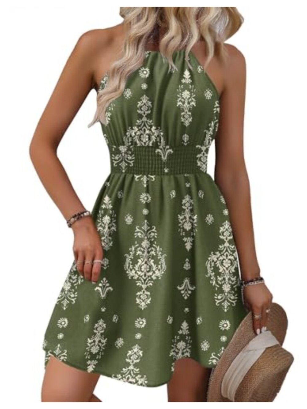 Womens Halter Neck Smocked Mini Dress Floral A Line with Pockets